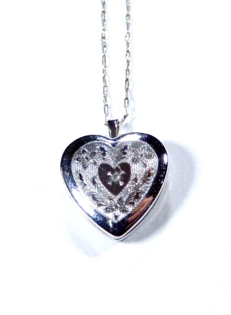 *VINTAGE*  Sterling Silver 925 Etched Heart Locket Pendant w/20" Sterling Chain
