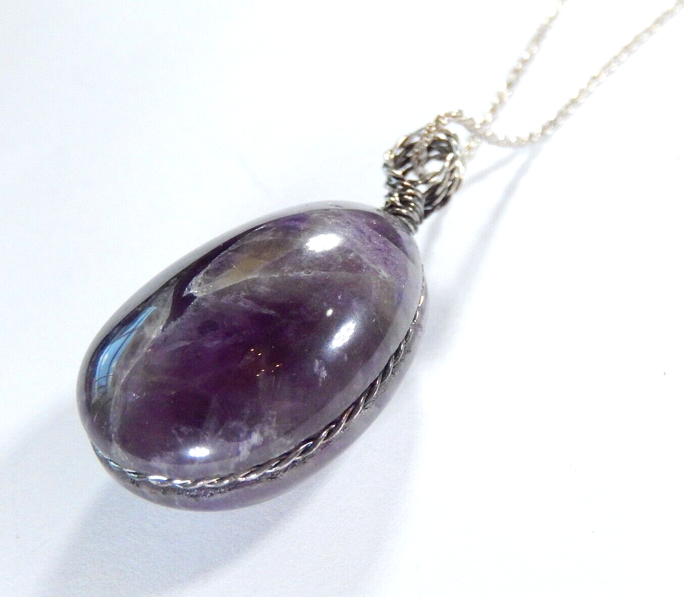 Handmade Large Amethyst Gemstone Sterling Wire Wrapped Pendant w/16" Rope Chain