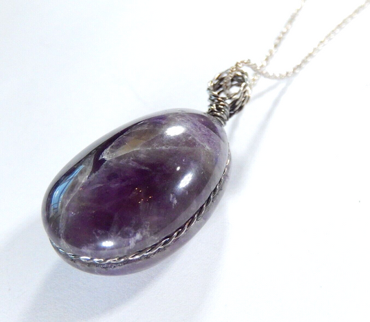 Handmade Large Amethyst Gemstone Sterling Wire Wrapped Pendant w/16" Rope Chain