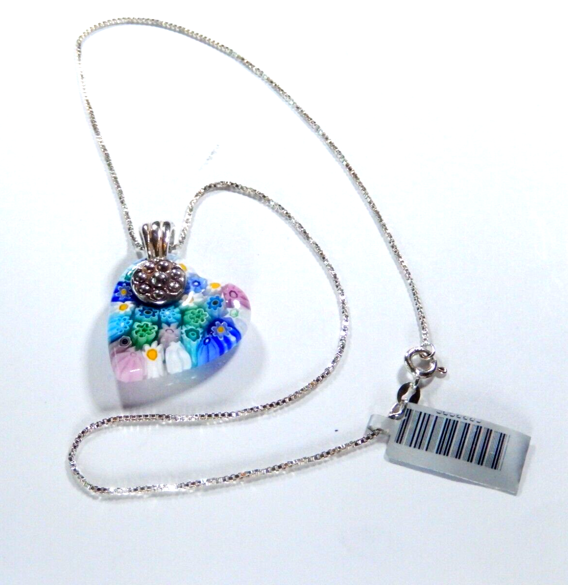 MURANO MILLEFIORI HEART GLASS pendant, 925 STERLING SILVER - w/18" Ster. Chain