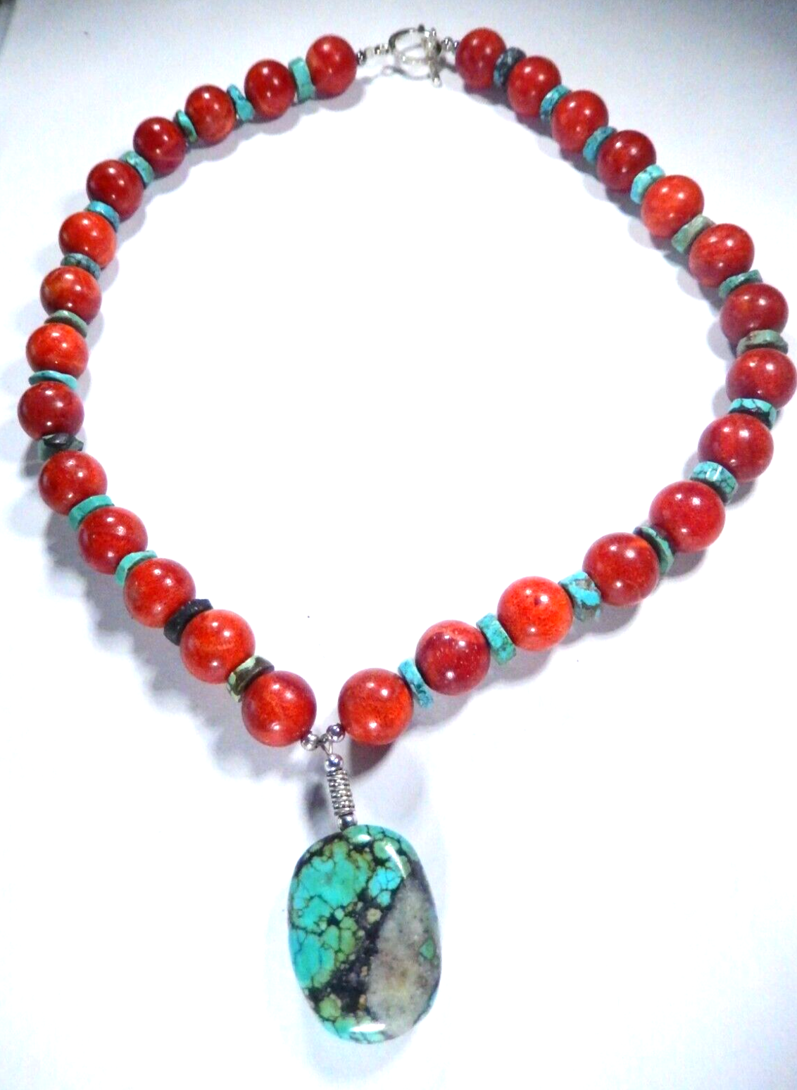 *VINTAGE*  Wooden and Turquoise Beaded Necklace 18" with Sterling Toggle Clasp