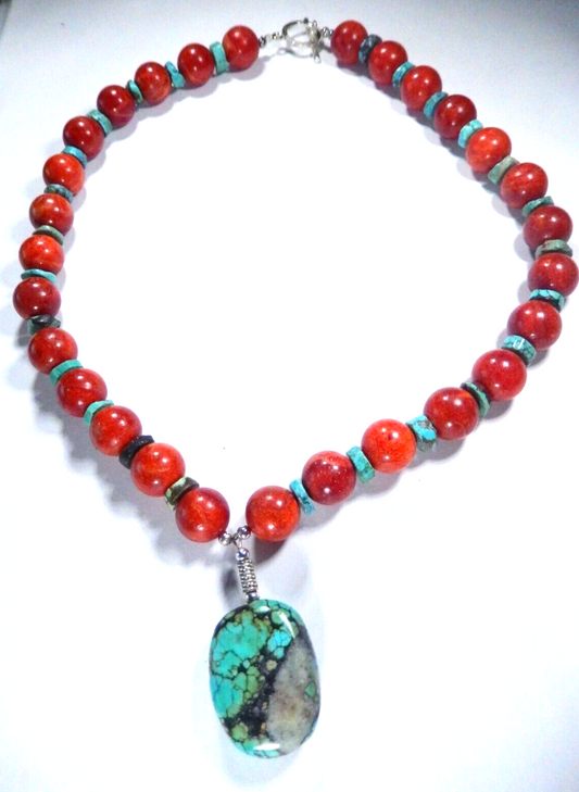 *VINTAGE*  Wooden and Turquoise Beaded Necklace 18" with Sterling Toggle Clasp