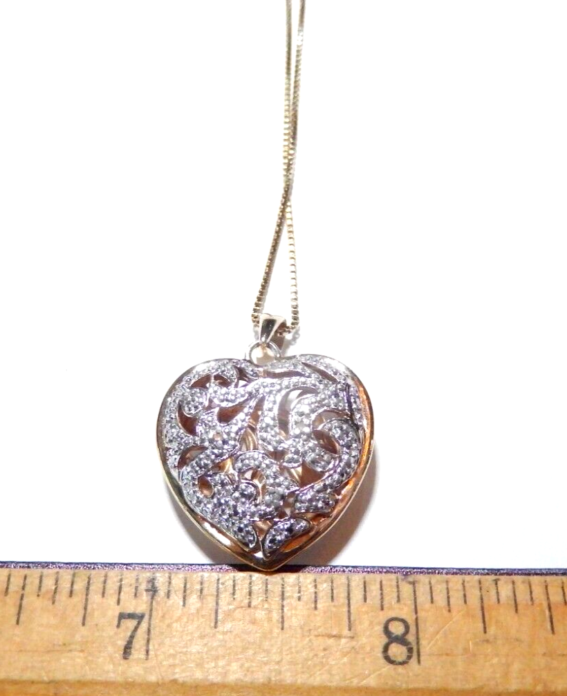 VINTAGE Gold Vermeil 925 Filigree Puffed Heart Diamond Pendant w18 Chain