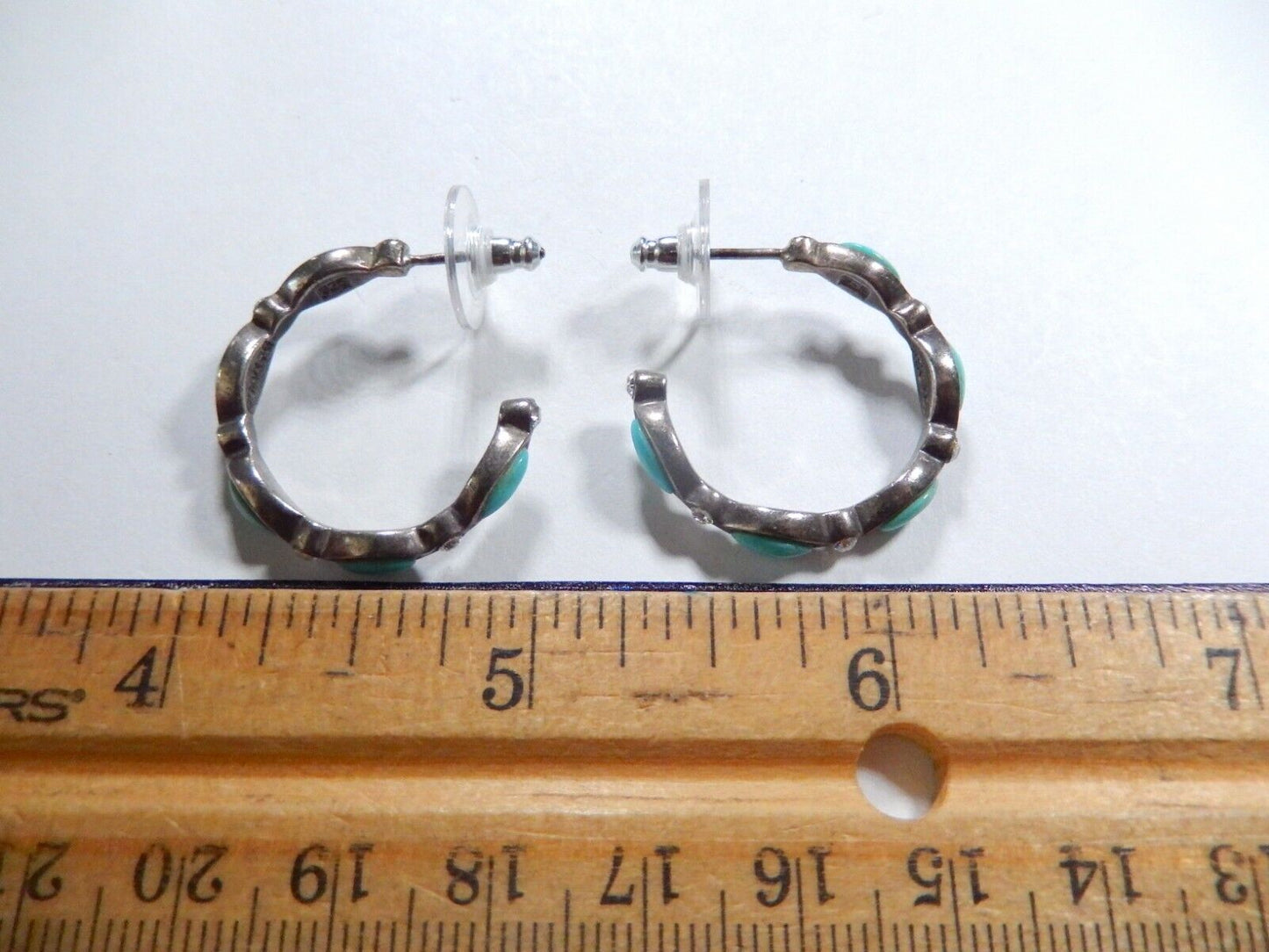 *VINTAGE*  BARSE Sterling Silver w/Turquoise & CZ Hoop Pierced Earrings