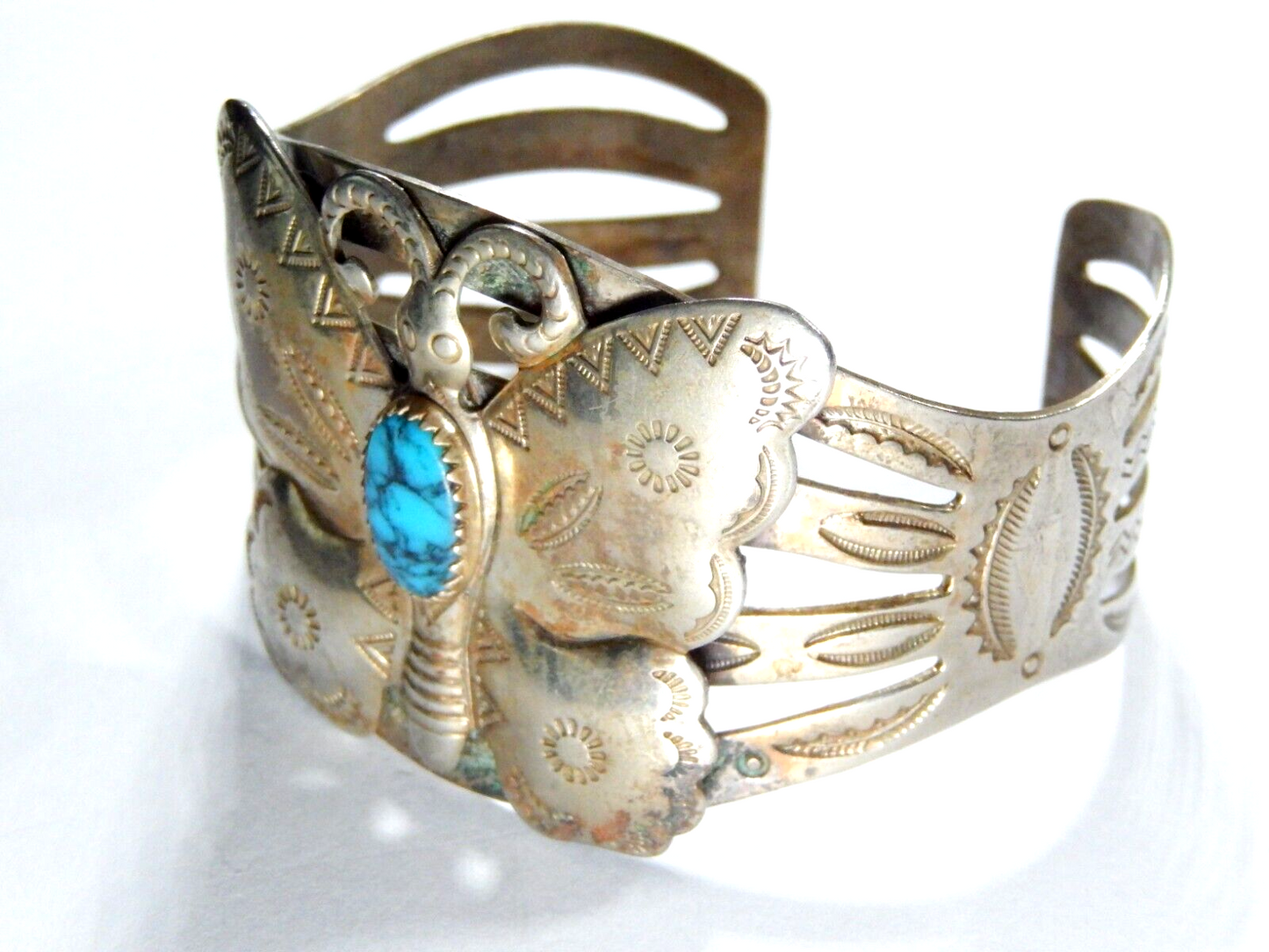 VINTAGE Bell Trading Post Nickel Silver Turquoise Butterfly 6 3/4" Cuff Bracelet