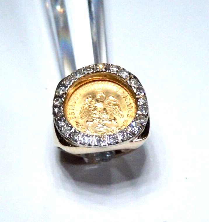 Stamped 14K Gold  Diamond Ring w 90 1945 Dos Pesos Mexican Gold Coin Size 4