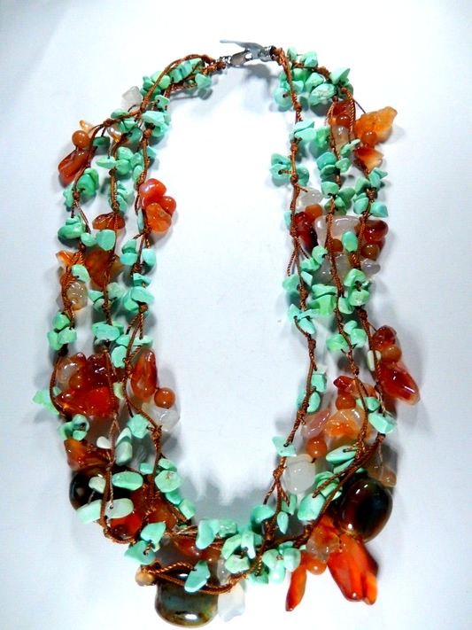 Three Strand Turquoise Stone And Glass Bead Sterling Silver Necklace - 18"