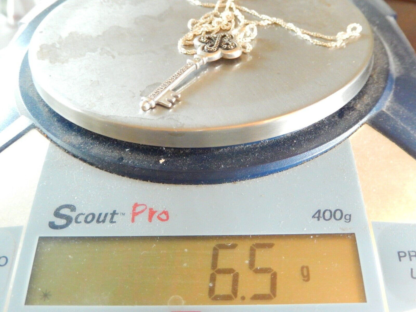 *VINTAGE*  Sterling Silver Real White & Black Diamond Key Pendant w/24" Chain