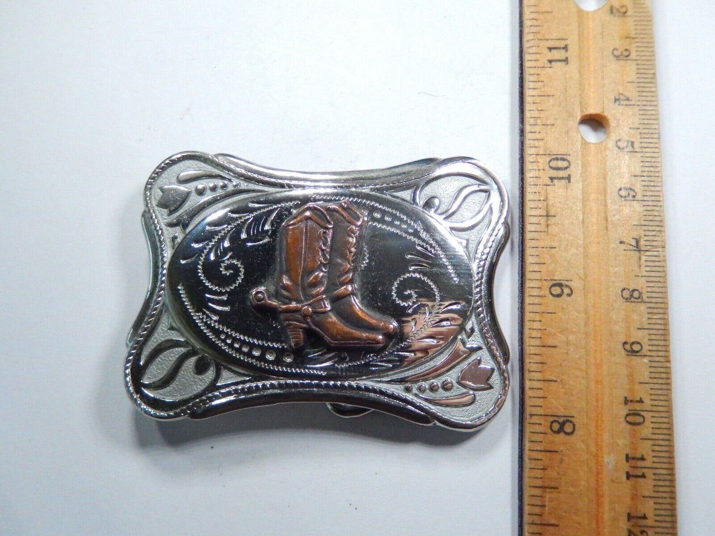 Vintage Silver Tone Copper Cowboy Boots Belt Buckle 3" x 2"