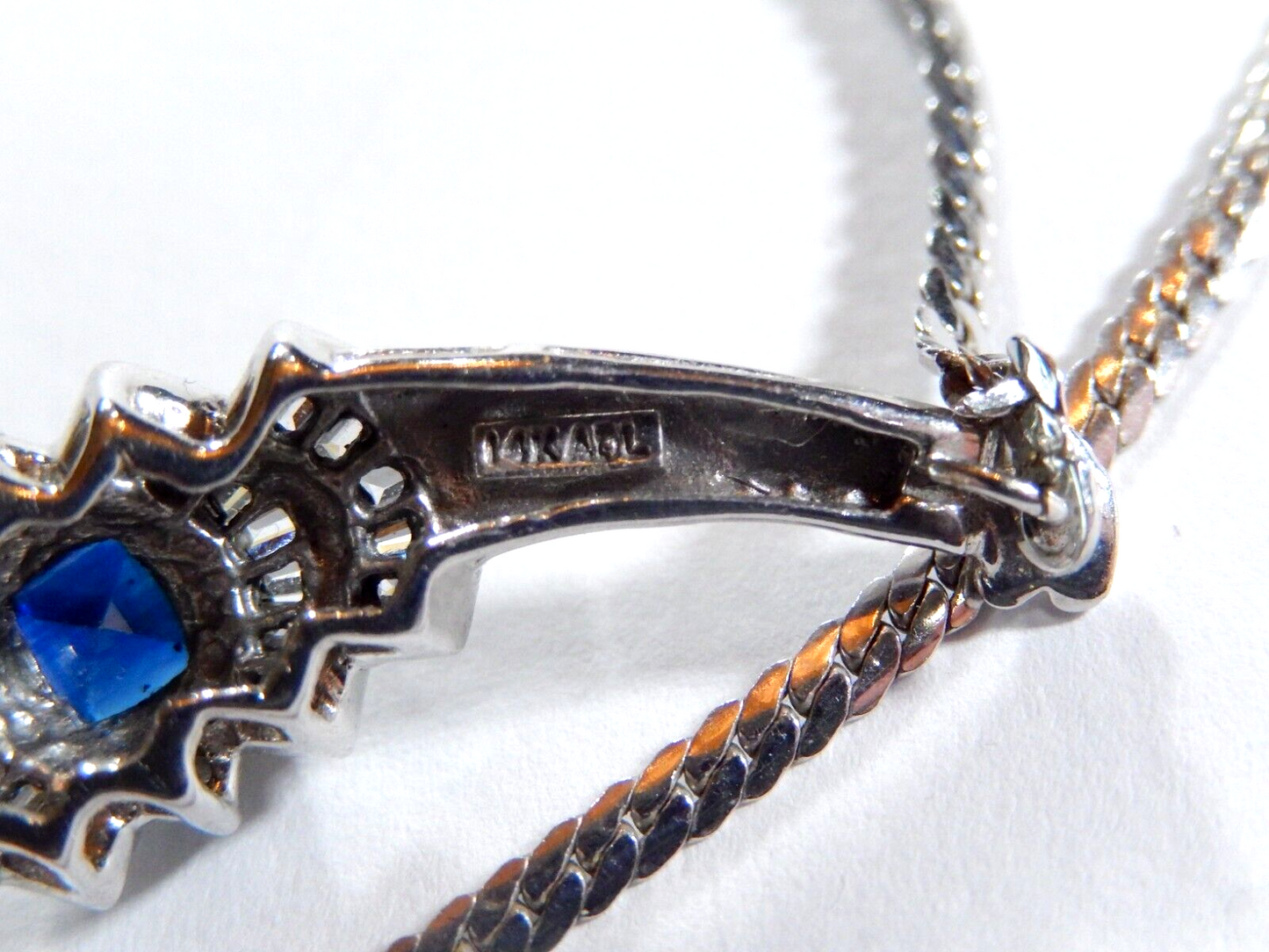 VINTAGE  14K White Gold Blue Sapphire and Diamond Halo Necklace 175