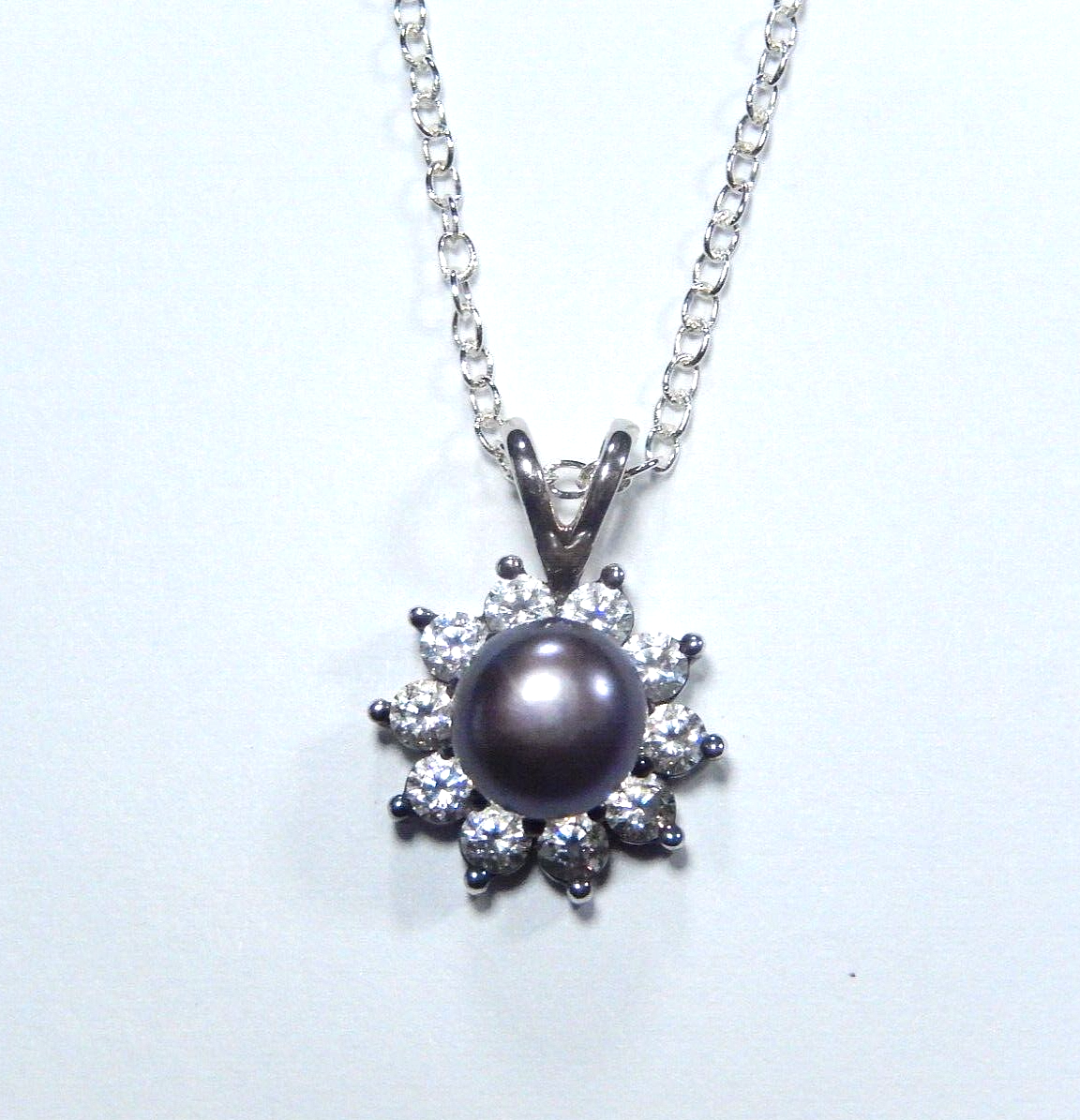 6.75 mm Round Natural Real Tahitian Pearl CZ Halo Pendant & 18" Sterling Chain