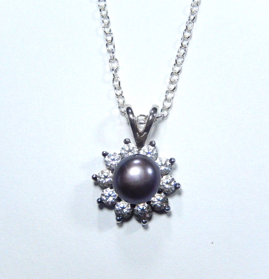 6.75 mm Round Natural Real Tahitian Pearl CZ Halo Pendant & 18" Sterling Chain