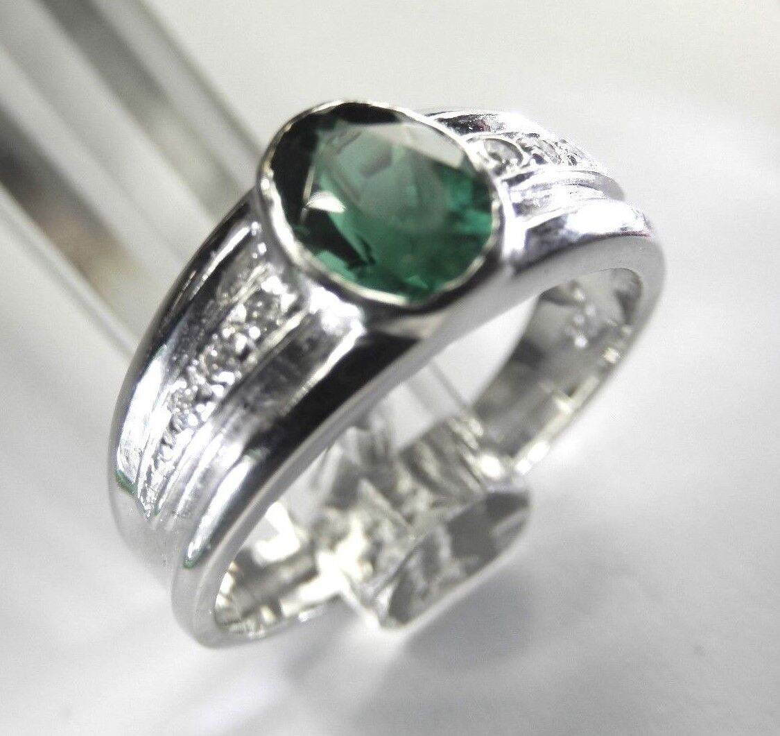 Lab Created Emerald & Round Diamond Bezel Set Ring 14k White Gold Size 7.5