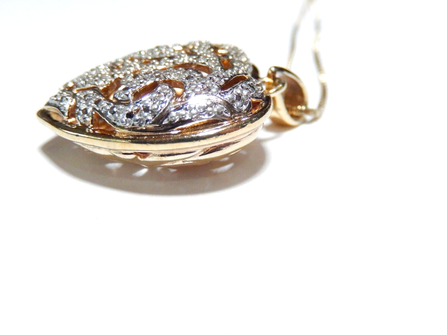 VINTAGE Gold Vermeil 925 Filigree Puffed Heart Diamond Pendant w18 Chain