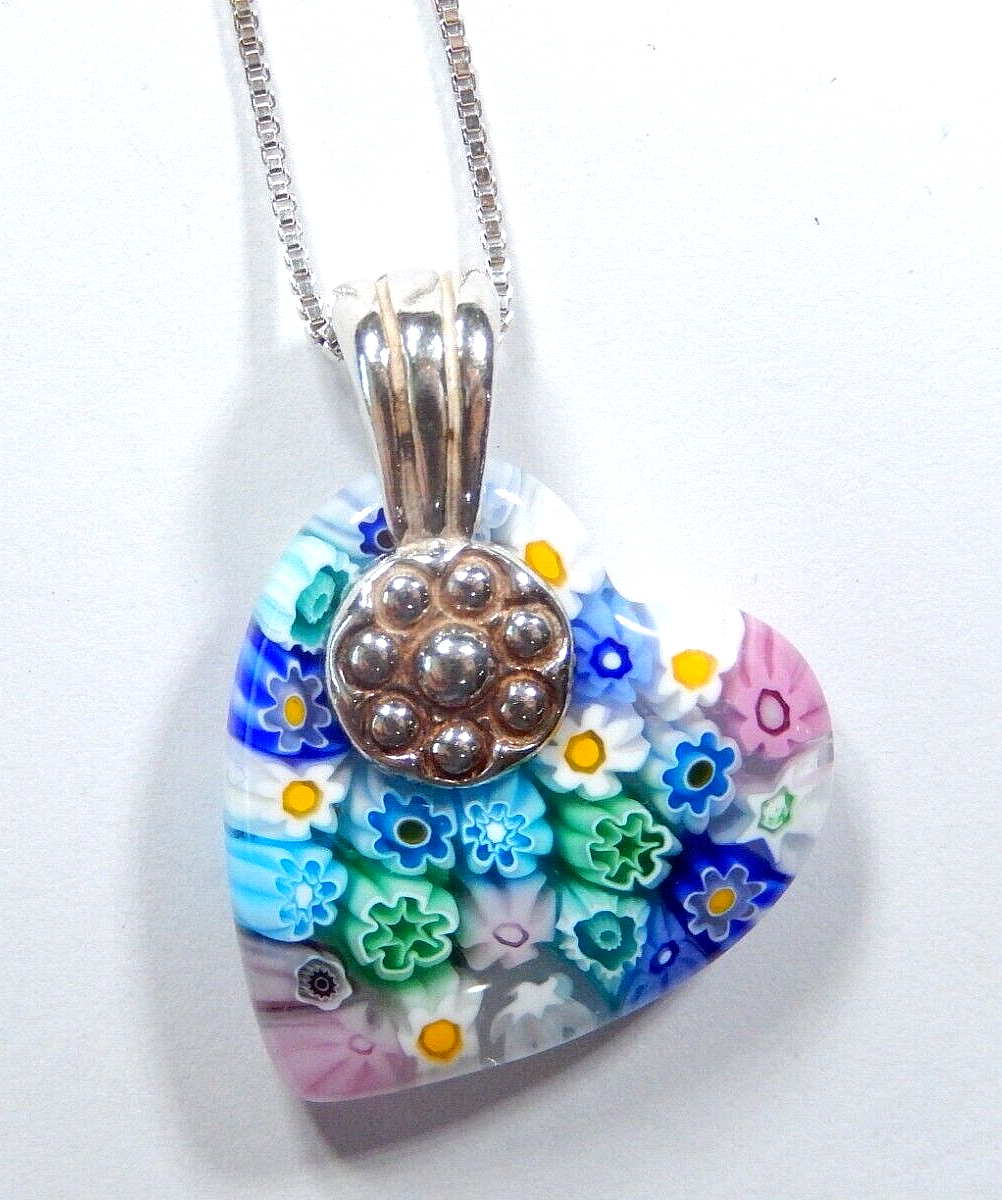 MURANO MILLEFIORI HEART GLASS pendant, 925 STERLING SILVER - w/18" Ster. Chain