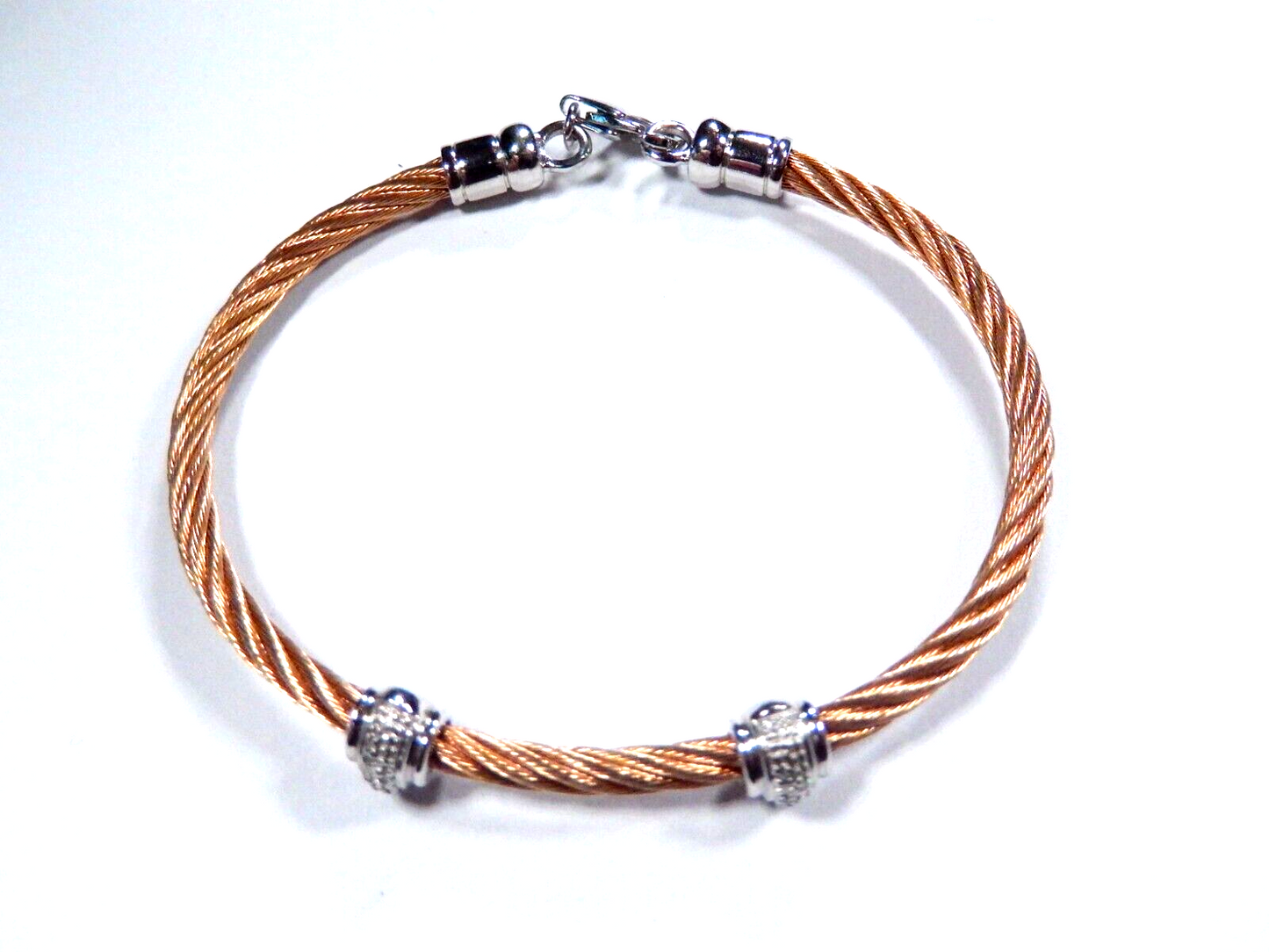 Sterling Silver Rose Gold Tone Stainless Steel Diamond Twist Bead Bracelet Sz 7"