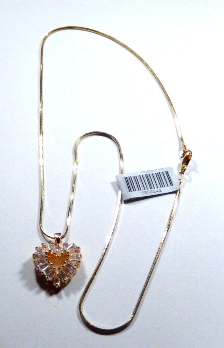 925 Gold Vermeil 200 CT Tapered CZ Baguette Heart Pendant Necklace w18 Chain