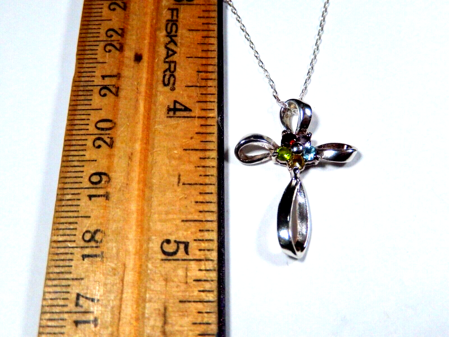 Sterling Silver Freeform Cross Multi Gem Pendant with 18 Sterling Chain