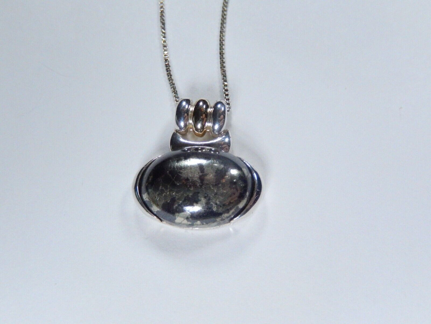 Ross Simon Sterling Silver Cabochon Black & Gold Gemstone Pendant w/18" Chain