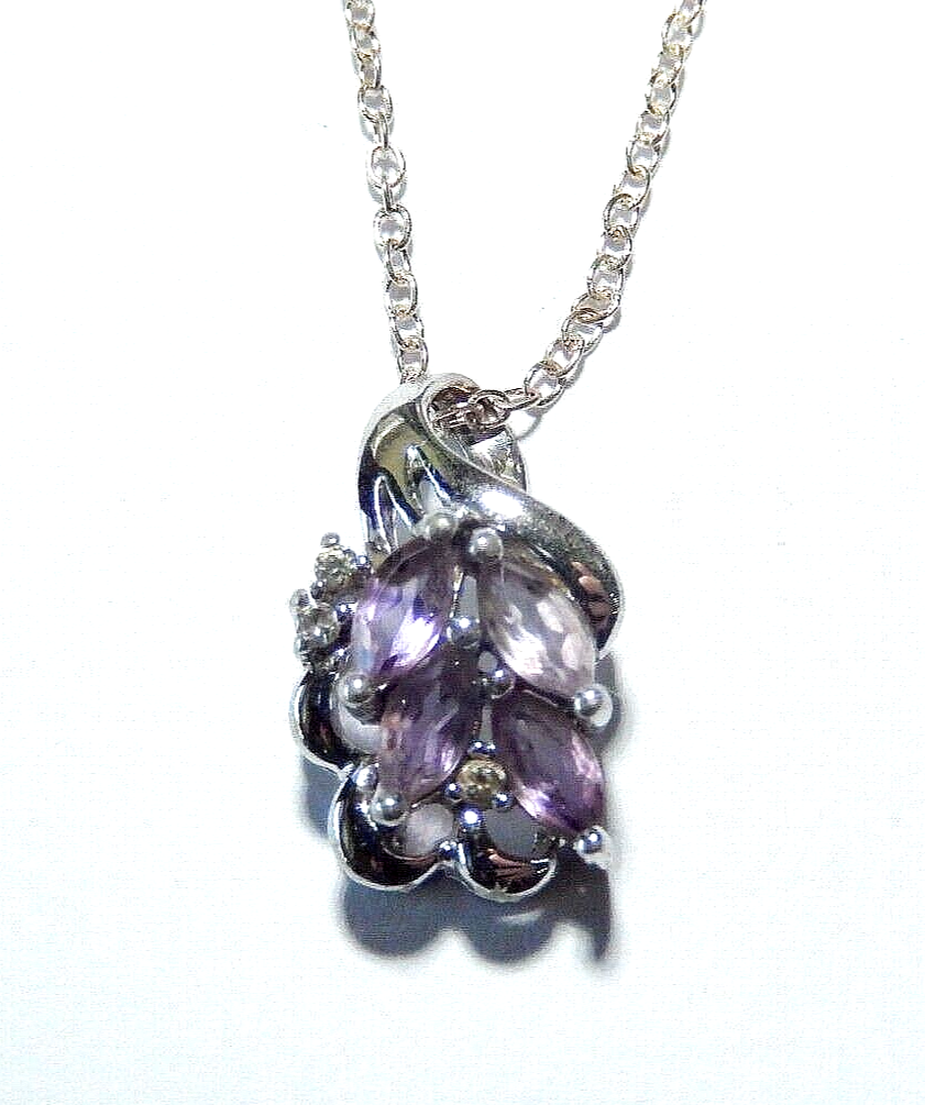 STERLING SILVER  AMETHYST  DIAMOND ACCENT PENDANT w18 925  CHAIN NECKLACE