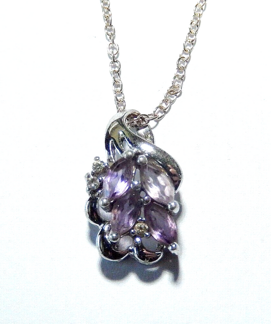 STERLING SILVER  AMETHYST  DIAMOND ACCENT PENDANT w18 925  CHAIN NECKLACE