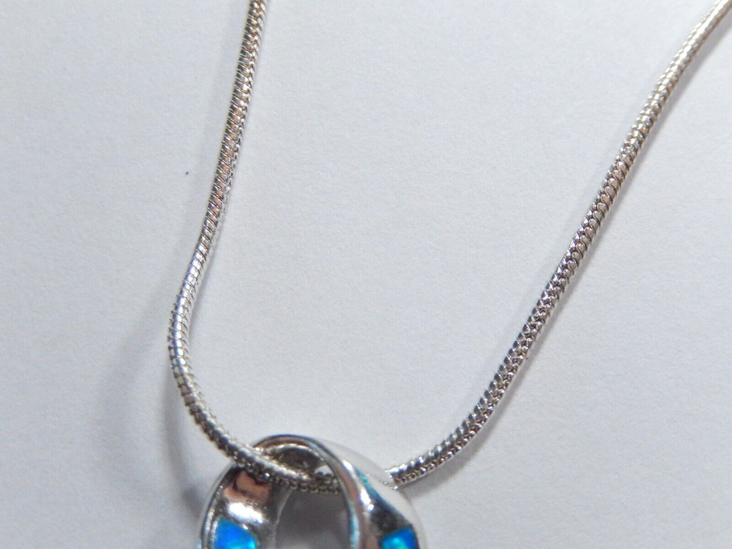 Blue Inlay Fire Opal & CZ Sterling Silver Pendant W /16" Smooth Snake Chain