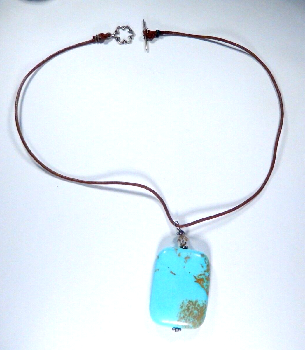 VINTAGE Southwestern Huge Solitary Turquoise Gemstone On Leather Strand Necklace