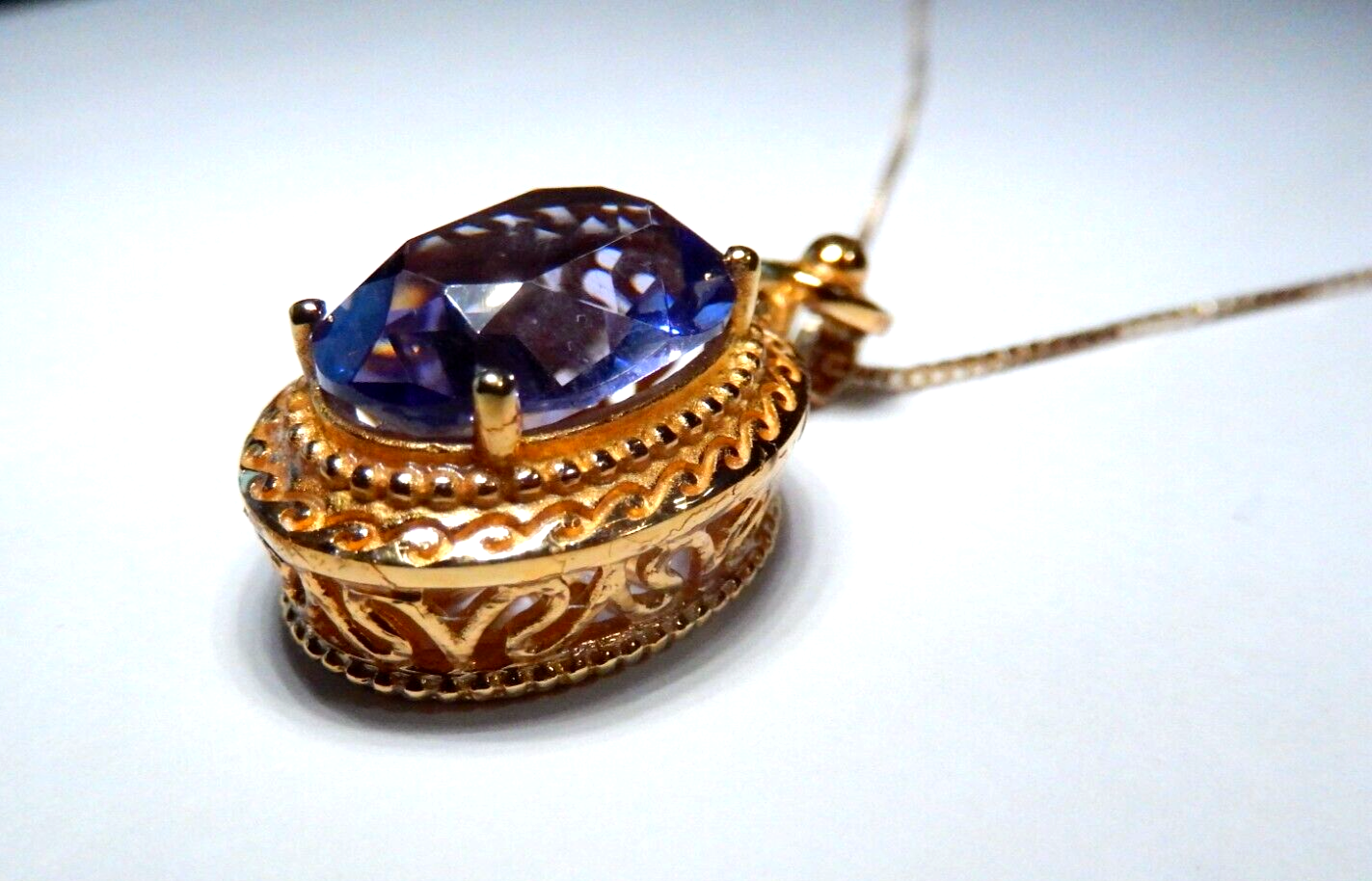 LARGE Gold Vermeil 100 CT Oval Amethyst Filigree Pendant with 18 Vermeil Chain