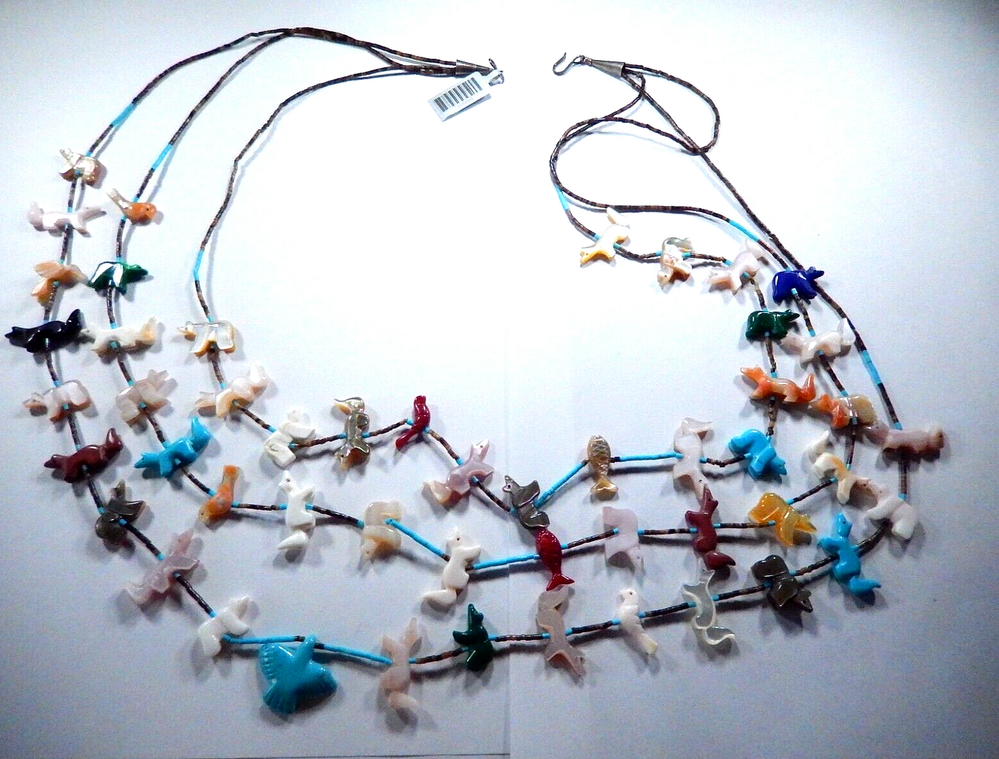 Zuni Fetish Necklace 3 Strand Multi-Stone Hand Carved Fetish Animals 32" Length