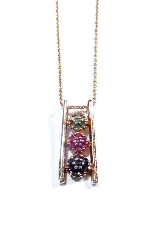 ROSS SIMONS Sterling Silver Gold Vermeil Ruby Sapphire Emerald Necklace w18chn