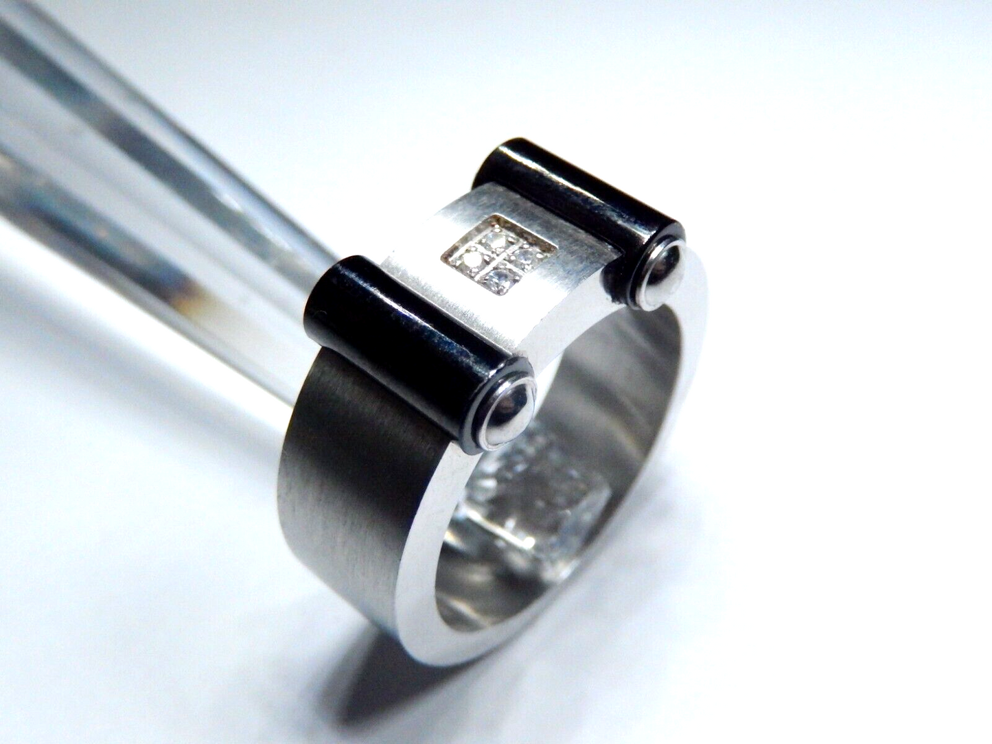 NICE THICK Brushed Stainless Steel 9mm Black IP Plated CZ Band Size 9.75
