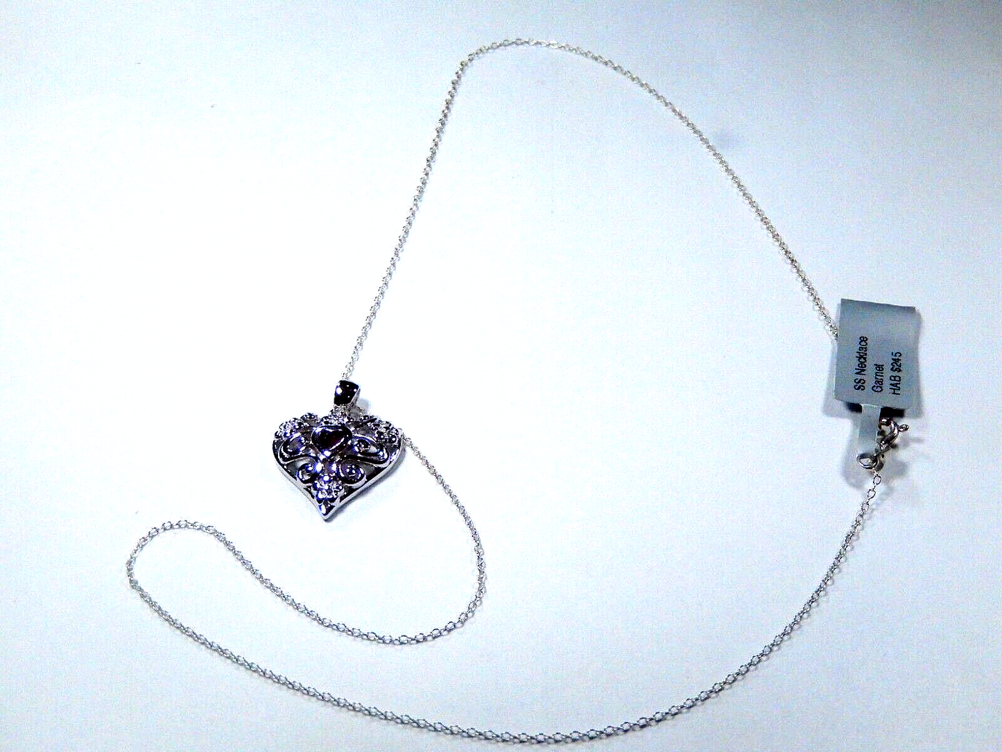 Ross Simons Sterling Silver Filigree Red Garnet Heart Pendant w/18" Ster. Chain