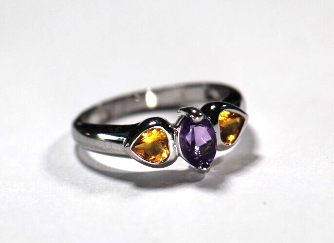Sterling Silver Amethyst & Citrine 3-Stone Band Ring Size 5.75