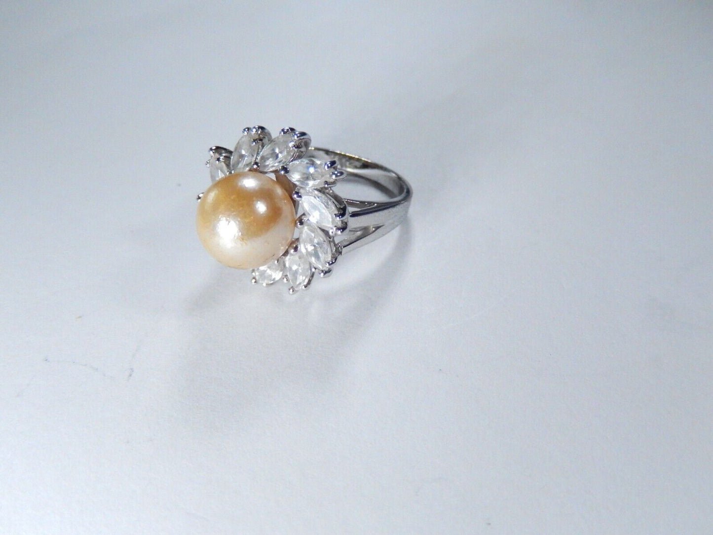 Sterling Silver 925 Faux Pearl and Cubic Zirconia Statement Ring  Size 7