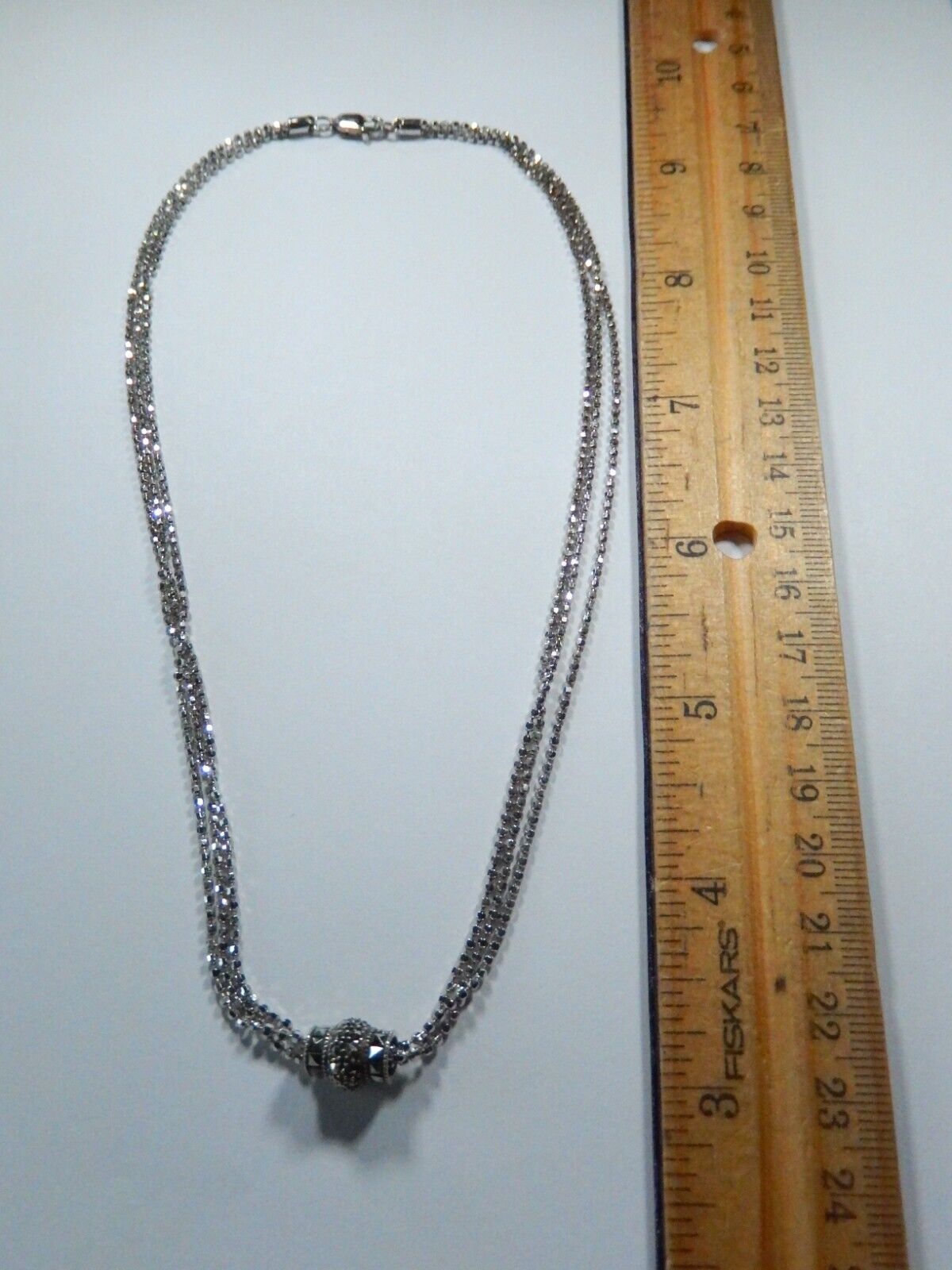 VINTAGE Sterling Silver Ball Bead Link Three Strand & Pendant Chain 16" Necklace