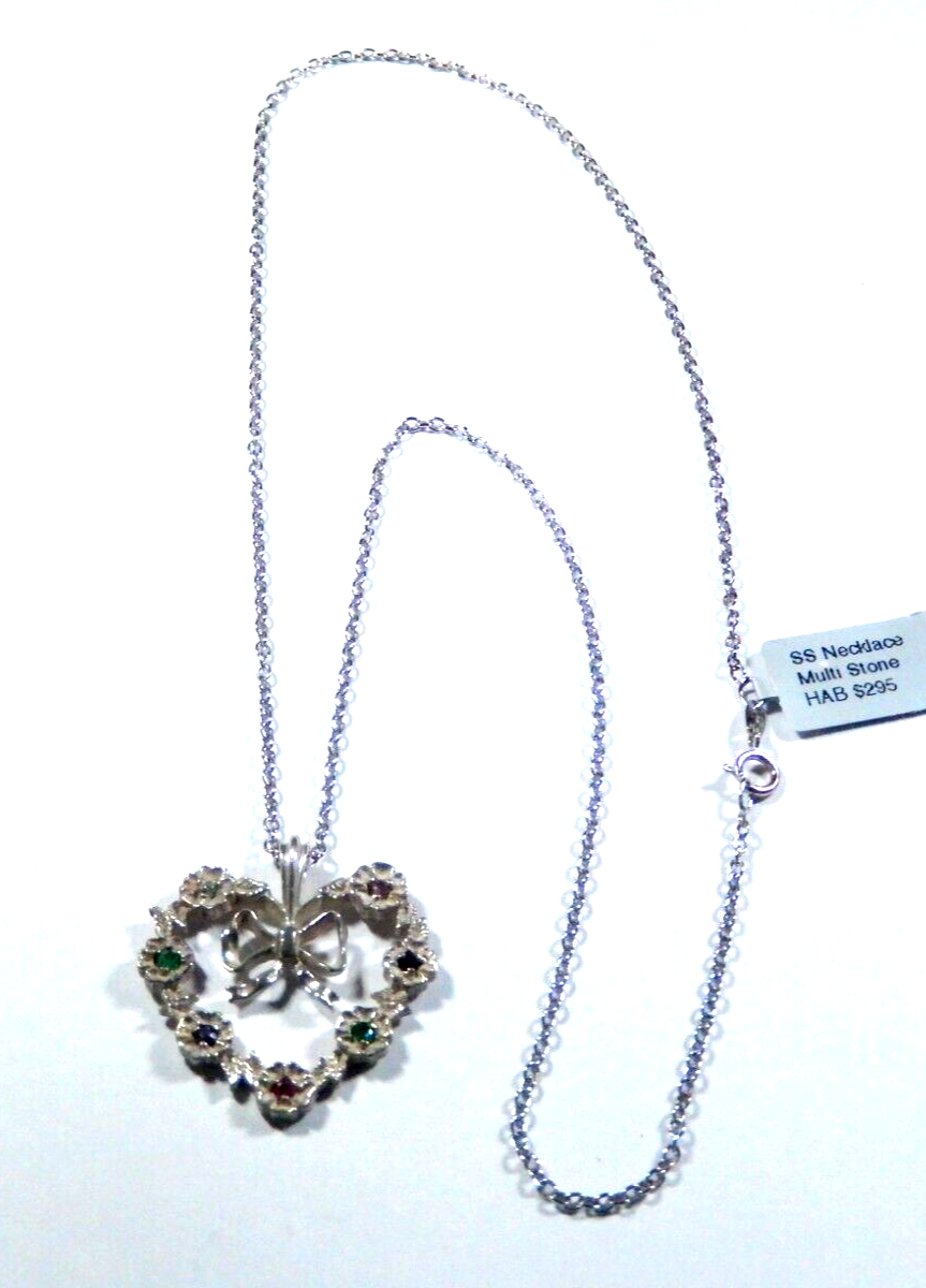 Vintage Franklin Mint 82 Sterling Silver Multi Gemstone Heart Pendant w18chain