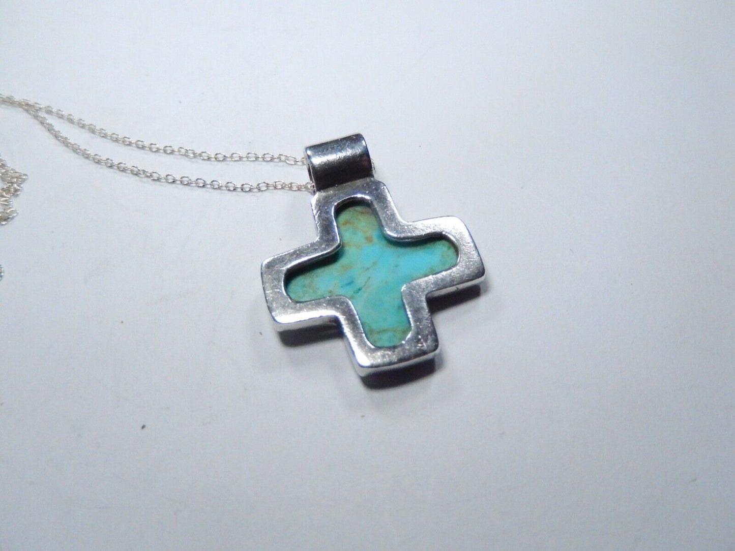 *VINTAGE* Sterling Silver Southwest Handmade Turquoise Inlay Cross Pendant w/18"