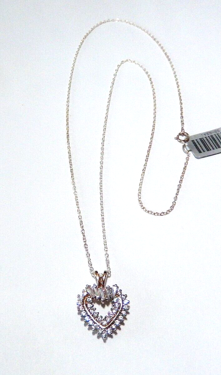 NWT Gold Vermeil Open Heart 50 CT Two Row Cubic Zirconia Pendant w 18 Chain