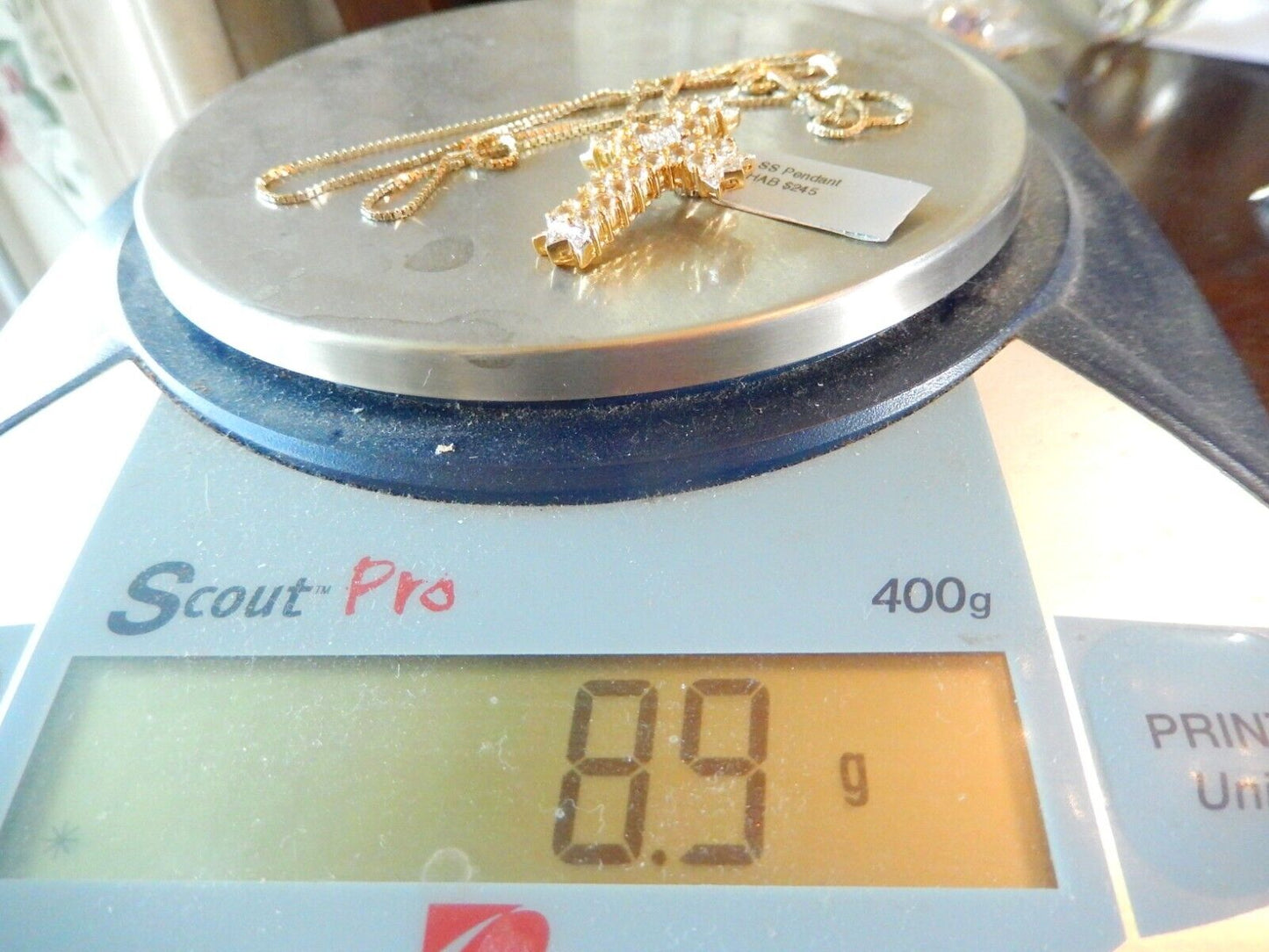 Gold 925 Vermeil Diamond  Aquamarine Cross Pendant w 24 Vermeil Box Chain
