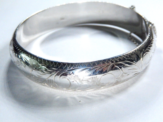 925 Sterling Silver Engraved Hinged Bangle Bracelet with Safety Chain 14 mm wide