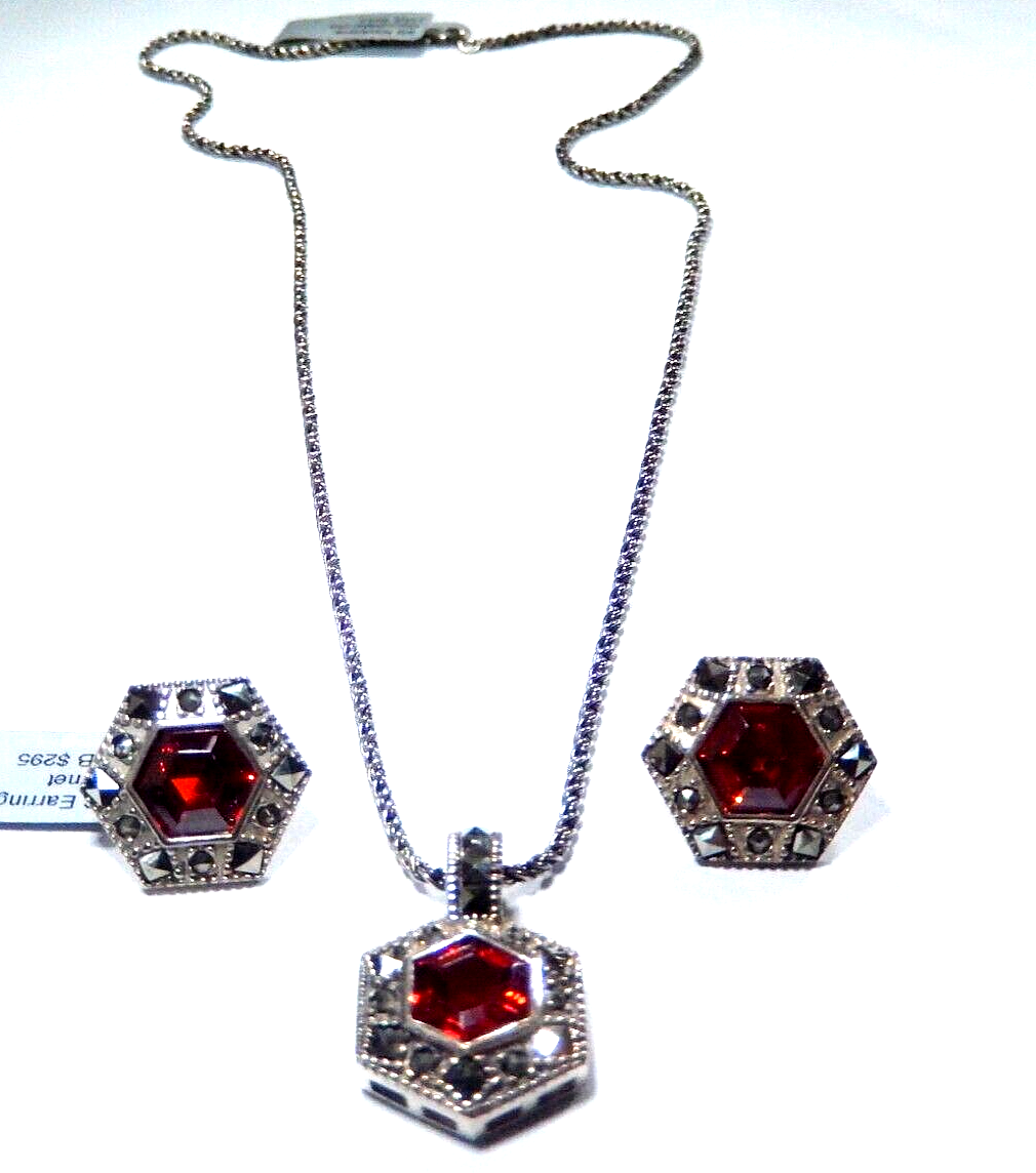 HIGH-END DESIGNER STERLING SILVER GARNET & MARCASITES PENDANT & EARRINGS SET