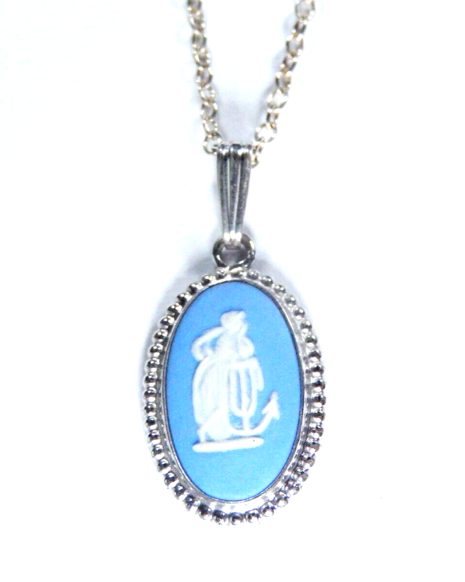 Antique Wedgwood Small Jasperware Sterling Silver Pendant Made In England w/18"C