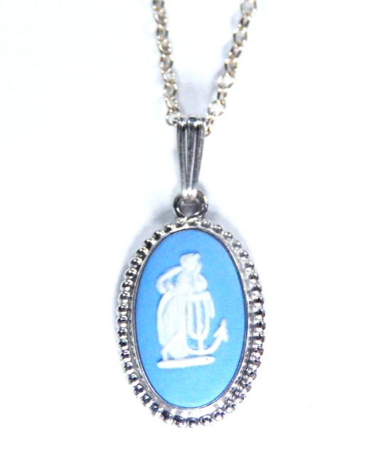 Antique Wedgwood Small Jasperware Sterling Silver Pendant Made In England w/18"C