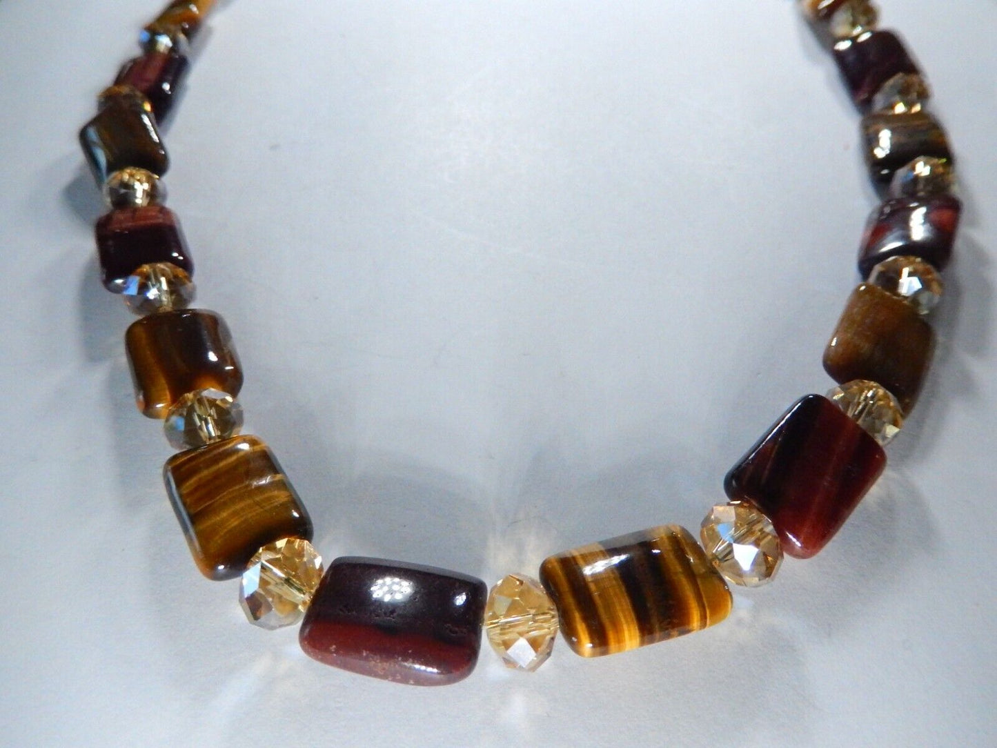 *VINTAGE*  Genuine Tigers Eye Bead Necklace With Crystal Bead Spacers 20" Length