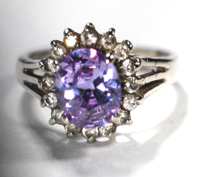 *VINTAGE* Sterling Silver  3.0 CT Amethyst and Accents Stones Halo Ring Size 7.5