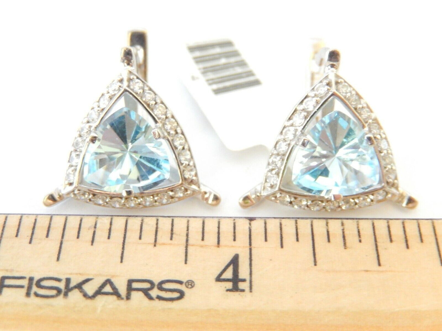 Stamped .585 White Gold Triangle Cut Blue Stone Earrings Weighing approx. 7.47gm