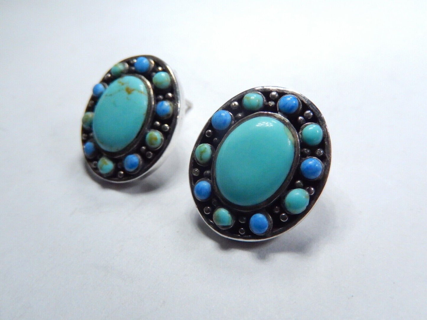 *VINTAGE* Southwest Sterling Silver Turquoise & Lapis Post Earrings 3/4" x 5/8"