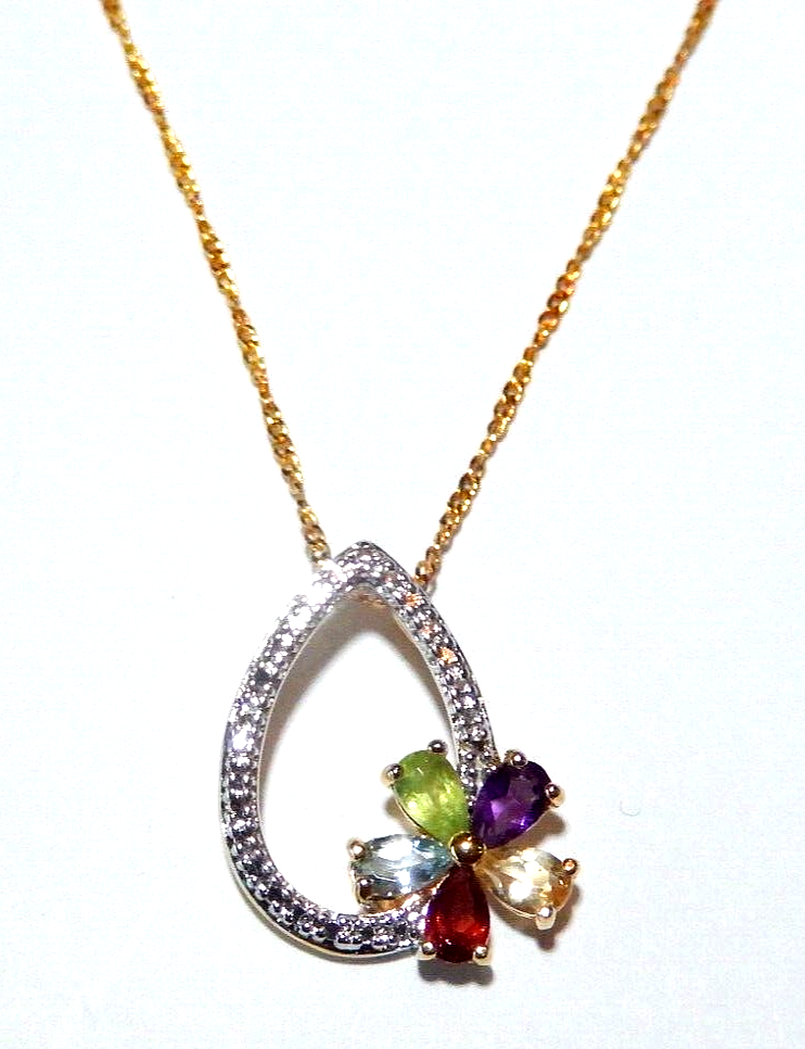 NWT Gold Vermeil 925 Diamond  Multi Colored Gemstones Pendant w 18 Chain