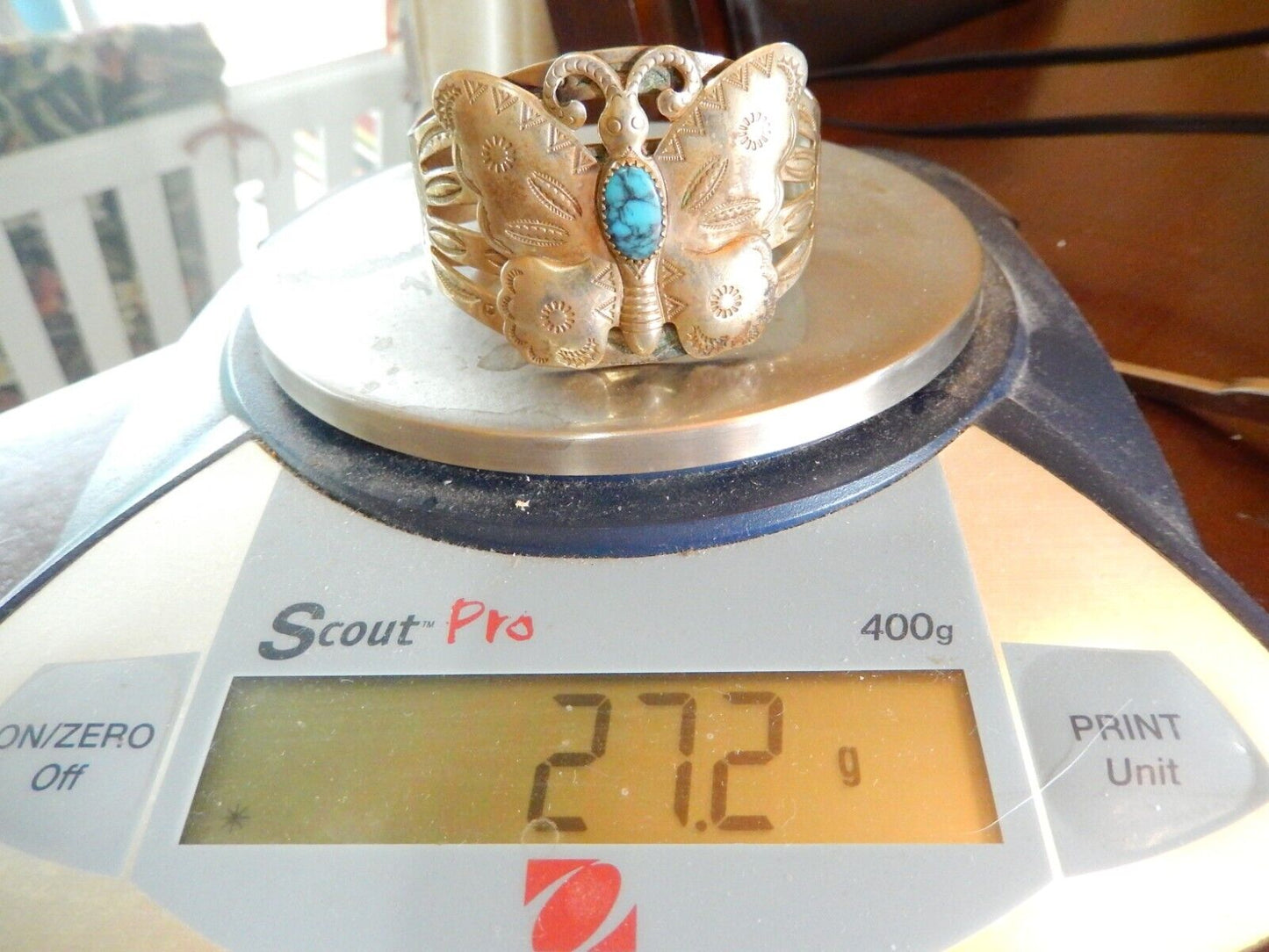 VINTAGE Bell Trading Post Nickel Silver Turquoise Butterfly 6 3/4" Cuff Bracelet