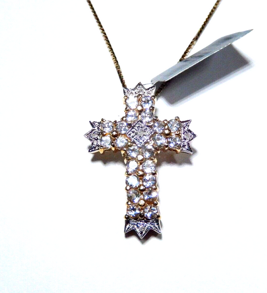 Gold 925 Vermeil Diamond  Aquamarine Cross Pendant w 24 Vermeil Box Chain